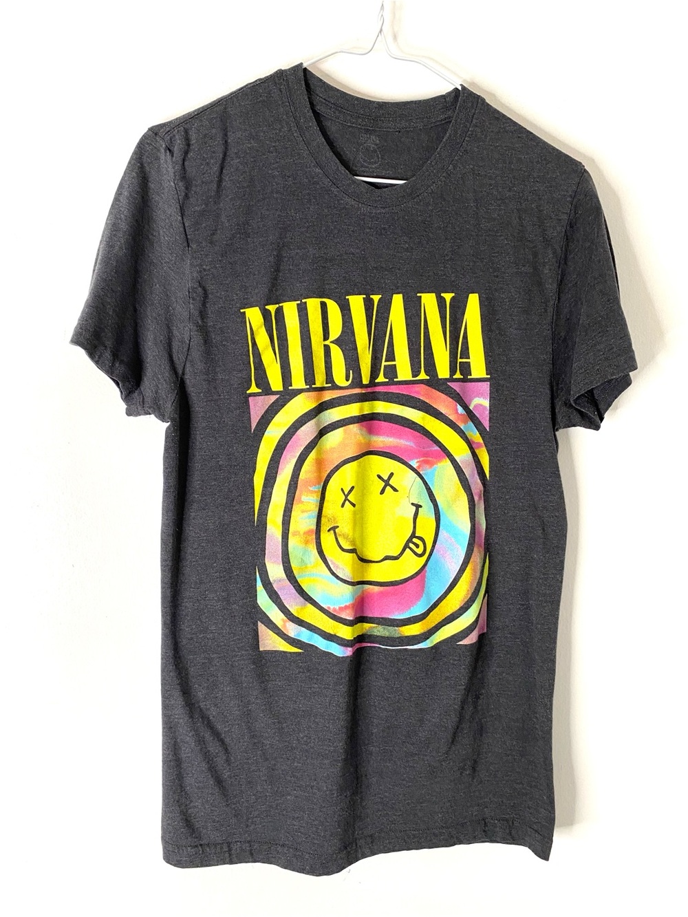 Nirvana Soft Black Tie Dye Smiley Face Graphic Band Tee Short Sleeve